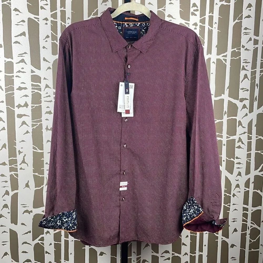Cactus Man Ricky Singh Plum Navy Polka Dot Poplin Floral Cuff Shirt XL/44